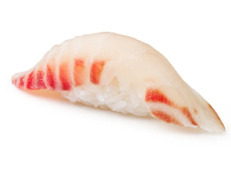 Sea bream nigiri sushi with fresh fish fillet on sushi rice at Yummy Sushi & Bento, a Japanese Restaurant in Flushing