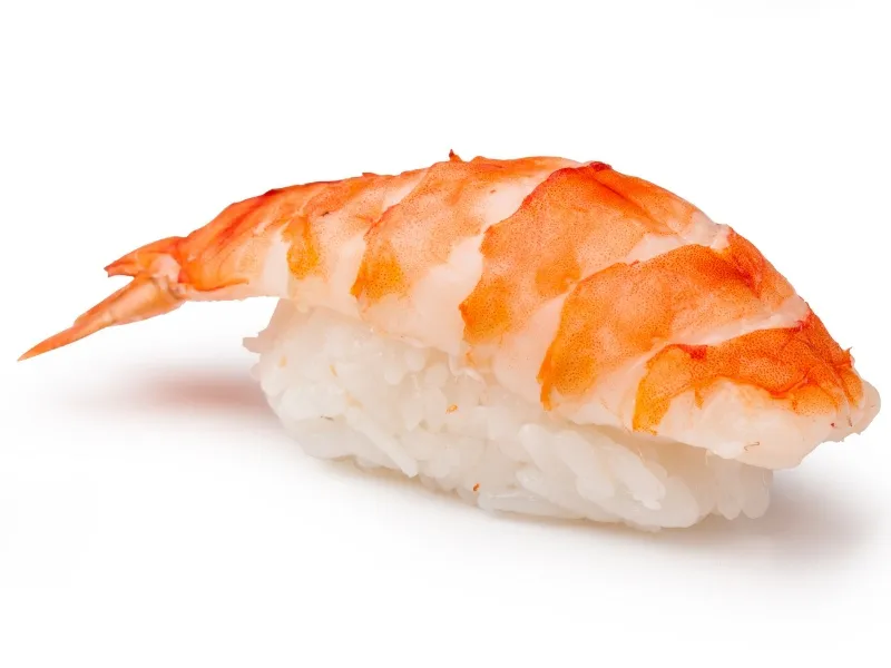 Sweet shrimp nigiri sushi with cooked shrimp on sushi rice at Yummy Sushi & Bento, a Japanese Restaurant in Flushing